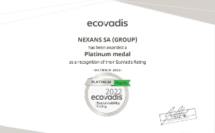 Nexans has been awarded a Platinum Medal for its CSR performance evaluation by EcoVadis